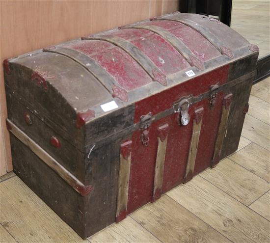 A large metal bound domed topped trunk, W.87cm